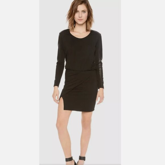 Mason by Michelle Mason Black Stretch Jersey Mini Dress, Leather Sleeve – Small - Picture 1 of 4